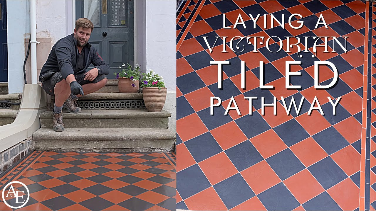 Victorian path installation process - tilers preparing mosaic pattern in London